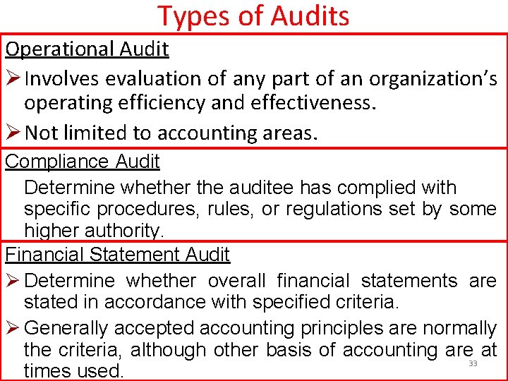 Types of Audits Operational Audit Ø Involves evaluation of any part of an organization’s