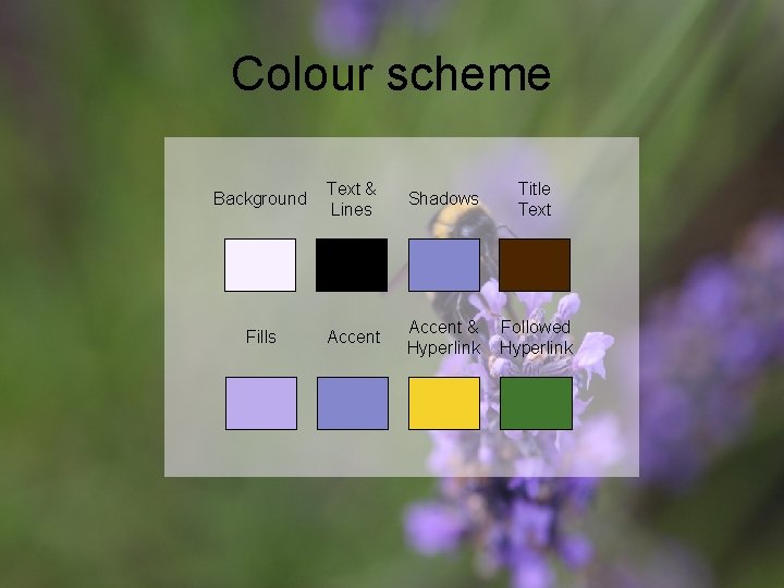 Colour scheme Background Text & Lines Shadows Title Text Fills Accent & Hyperlink Followed