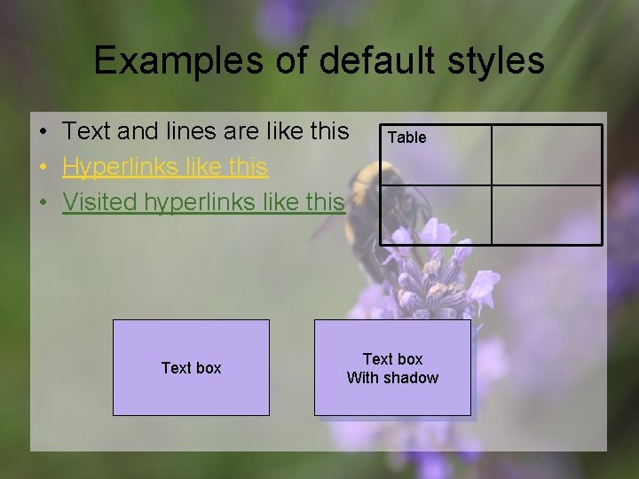 Examples of default styles • Text and lines are like this • Hyperlinks like