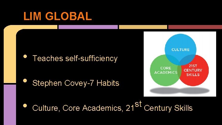 LIM GLOBAL • Teaches self-sufficiency • Stephen Covey-7 Habits • Culture, Core Academics, 21