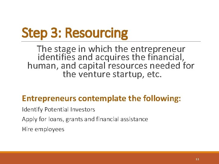 Step 3: Resourcing The stage in which the entrepreneur identifies and acquires the financial,