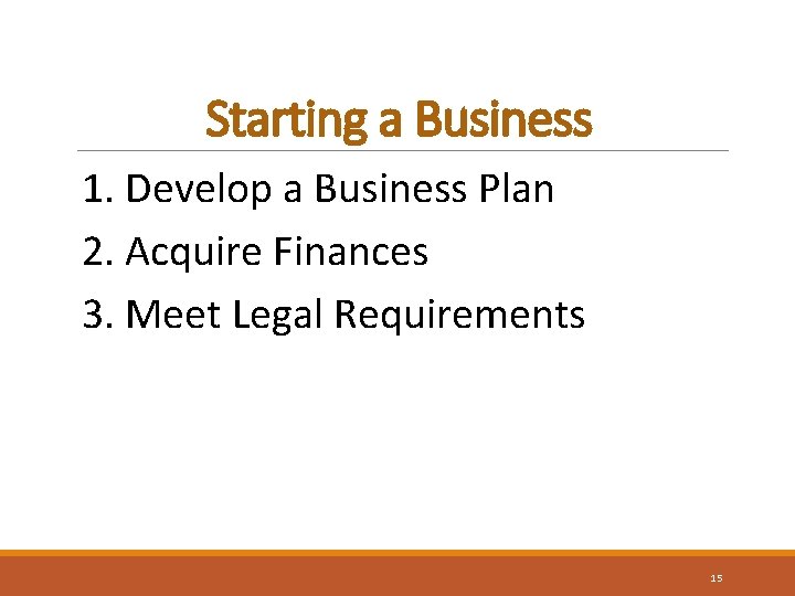 Starting a Business 1. Develop a Business Plan 2. Acquire Finances 3. Meet Legal