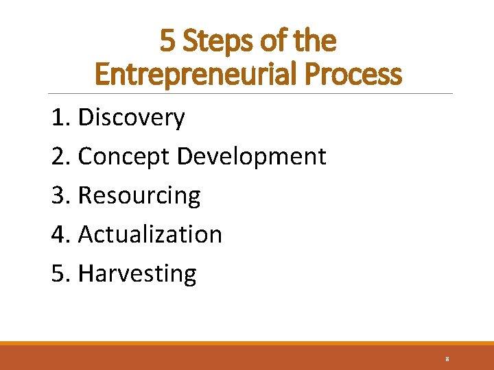 5 Steps of the Entrepreneurial Process 1. Discovery 2. Concept Development 3. Resourcing 4.