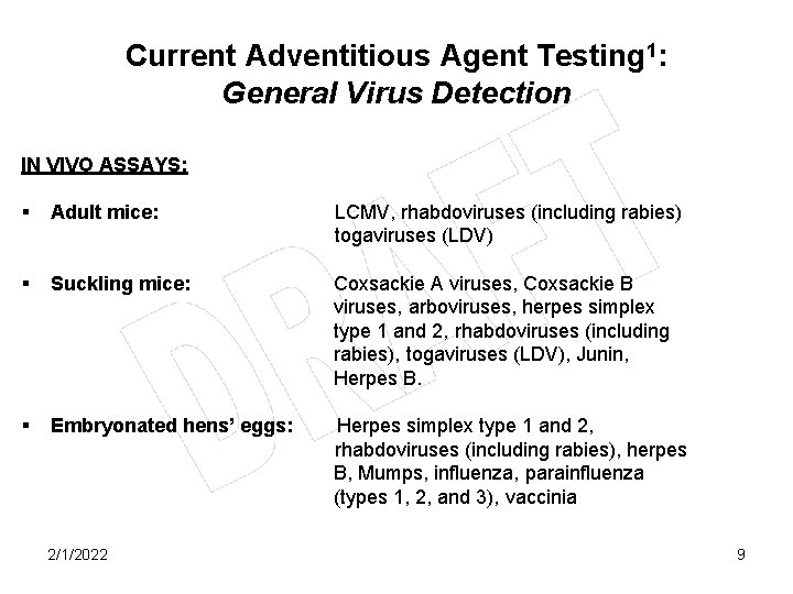 Current Adventitious Agent Testing 1: General Virus Detection IN VIVO ASSAYS: § Adult mice: