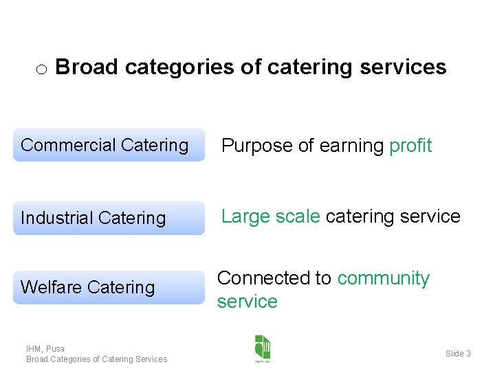 o Broad categories of catering services Commercial Catering Purpose of earning profit Industrial Catering