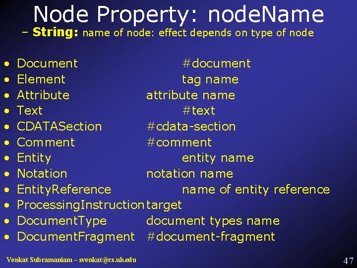 Node Property: node. Name – String: name of node: effect depends on type of