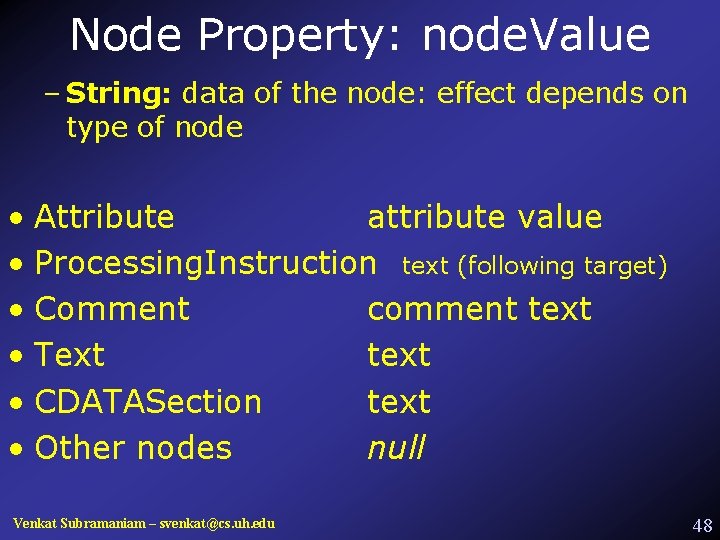 Node Property: node. Value – String: data of the node: effect depends on type