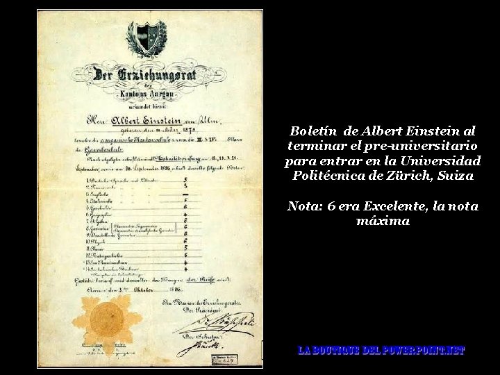 Boletín de Albert Einstein al terminar el pre-universitario para entrar en la Universidad Politécnica