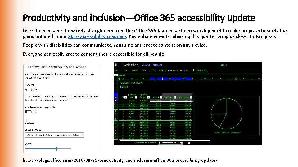 Productivity and inclusion—Office 365 accessibility update Over the past year, hundreds of engineers from