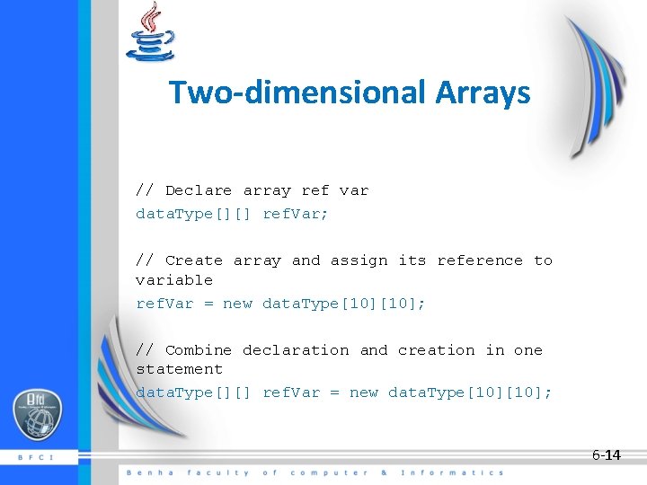 Two-dimensional Arrays // Declare array ref var data. Type[][] ref. Var; // Create array