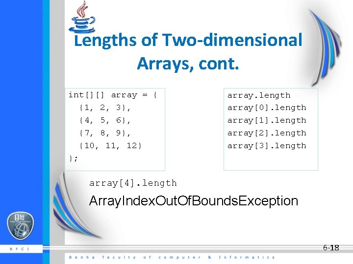 Lengths of Two-dimensional Arrays, cont. int[][] array = { {1, 2, 3}, {4, 5,