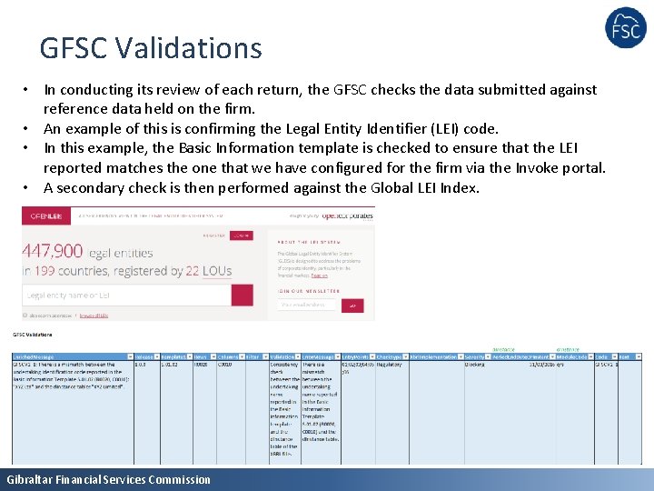 GFSC Validations • In conducting its review of each return, the GFSC checks the