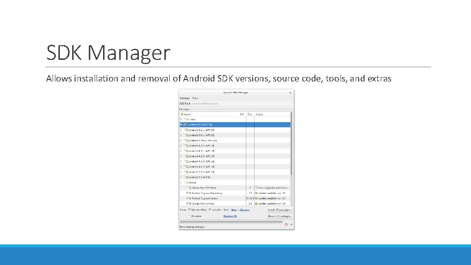 SDK Manager Allows installation and removal of Android SDK versions, source code, tools, and SDK Manager Allows installation and removal of Android SDK versions, source code, tools, and