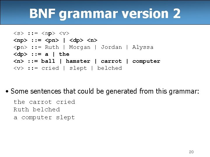 BNF grammar version 2 <s> : : = <np> <v> <np> : : = BNF grammar version 2 <s> : : = <np> <v> <np> : : =