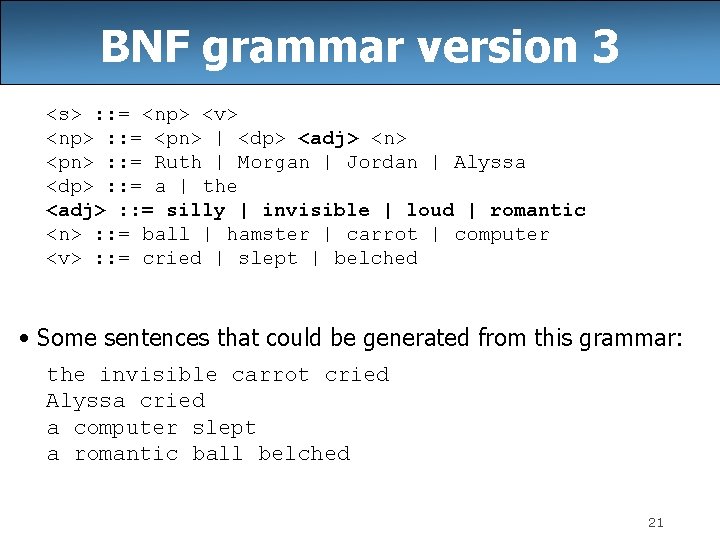 BNF grammar version 3 <s> : : = <np> <v> <np> : : = BNF grammar version 3 <s> : : = <np> <v> <np> : : =