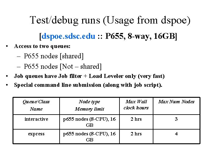 Test/debug runs (Usage from dspoe) [dspoe. sdsc. edu : : P 655, 8 -way,