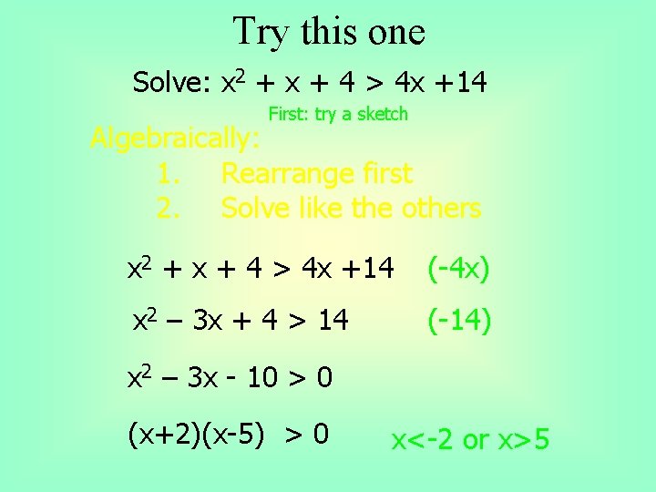 Try this one Solve: x 2 + x + 4 > 4 x +14