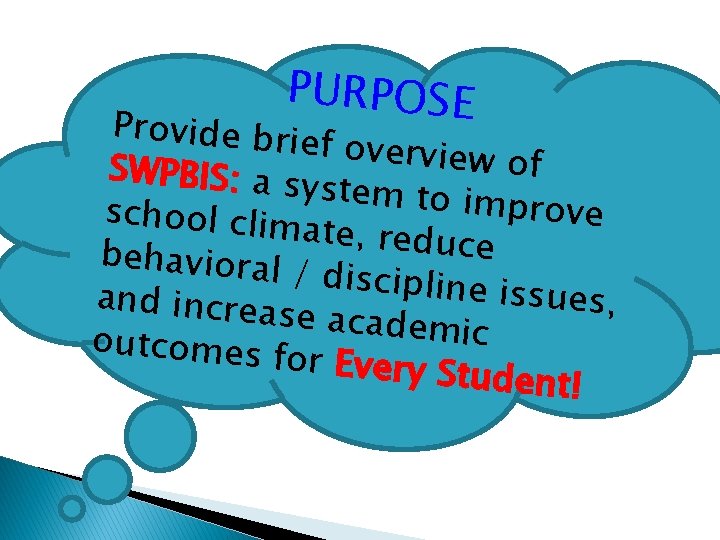 PURPOSE Provide bri ef overview of SWPBIS: a s ystem to im prove school