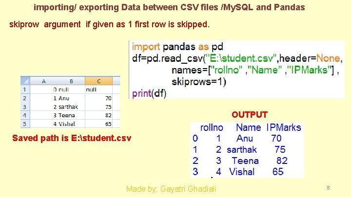 importing/ exporting Data between CSV files /My. SQL and Pandas skiprow argument if given