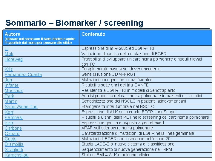 Sommario – Biomarker / screening Autore Contenuto (cliccare sul nome con il tasto destro