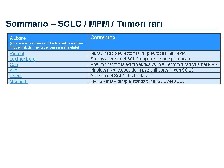 Sommario – SCLC / MPM / Tumori rari Autore Contenuto (cliccare sul nome con