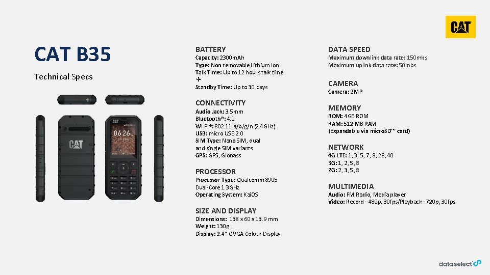 CAT B 35 Technical Specs BATTERY Capacity: 2300 m. Ah Type: Non removable Lithium