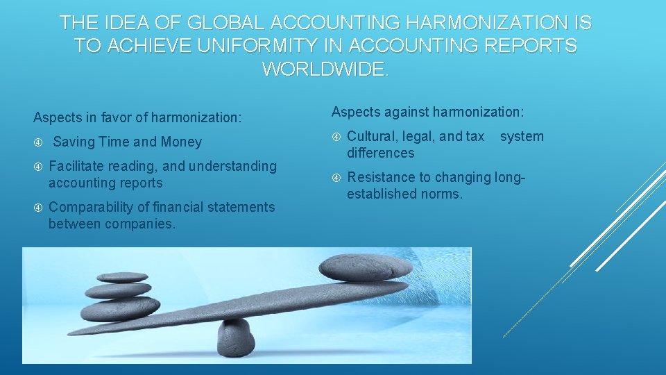 THE IDEA OF GLOBAL ACCOUNTING HARMONIZATION IS TO ACHIEVE UNIFORMITY IN ACCOUNTING REPORTS WORLDWIDE.