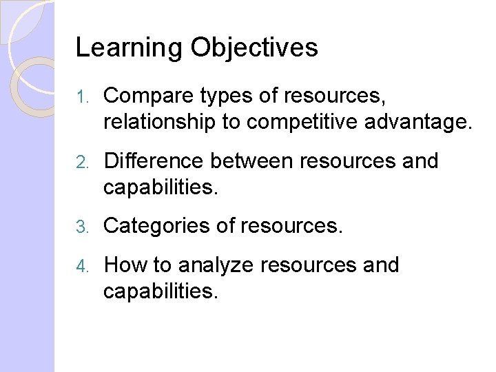 Learning Objectives 1. Compare types of resources, relationship to competitive advantage. 2. Difference between