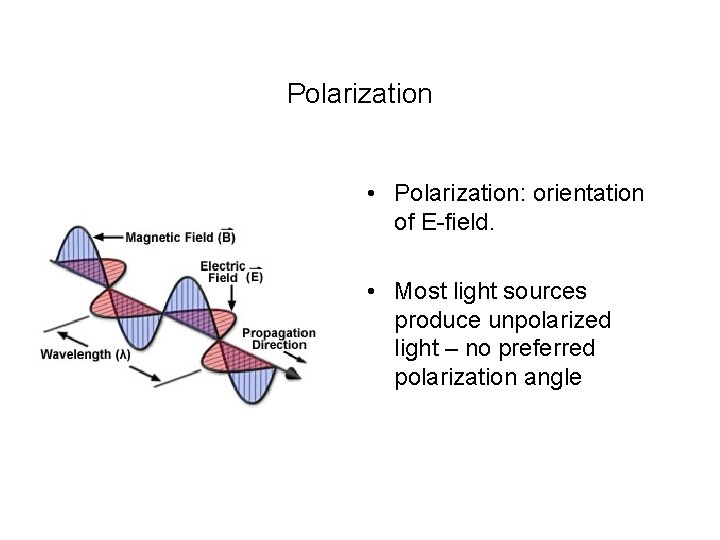 Polarization • Polarization: orientation of E-field. • Most light sources produce unpolarized light –