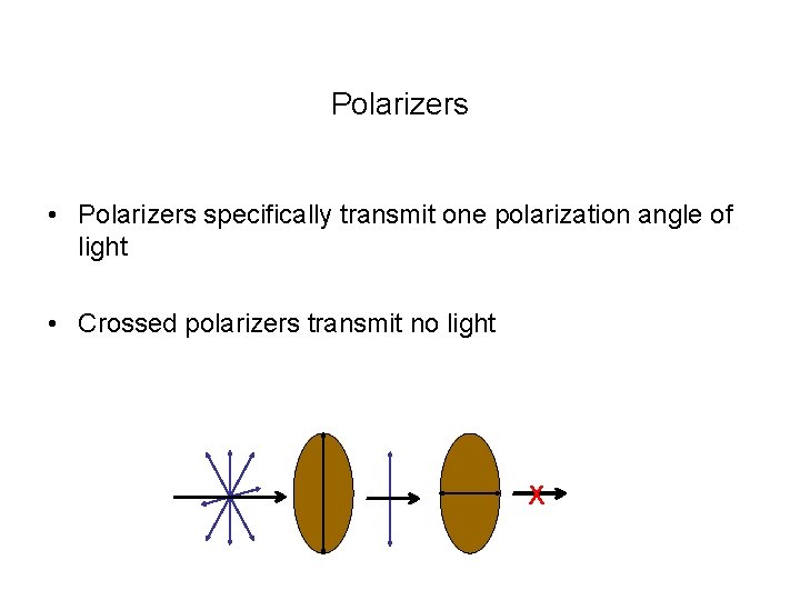 Polarizers • Polarizers specifically transmit one polarization angle of light • Crossed polarizers transmit