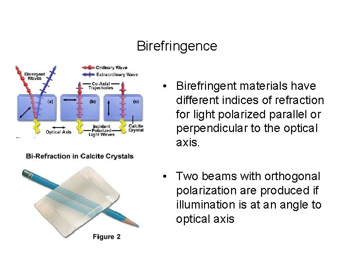 Birefringence • Birefringent materials have different indices of refraction for light polarized parallel or