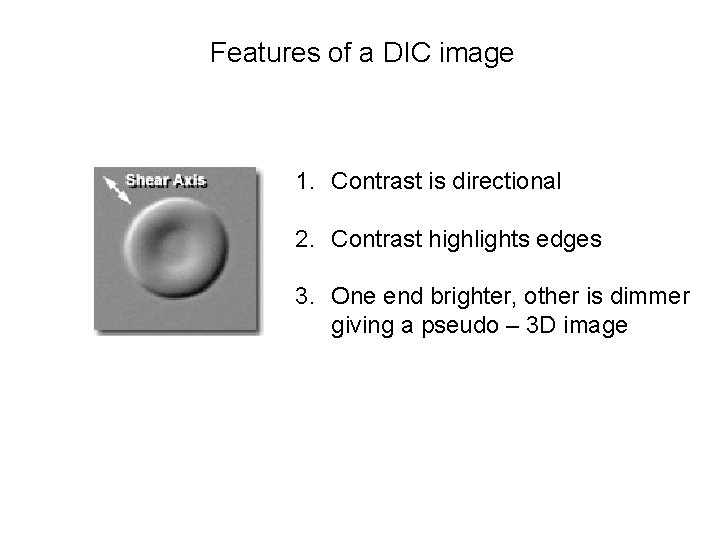 Features of a DIC image 1. Contrast is directional 2. Contrast highlights edges 3.