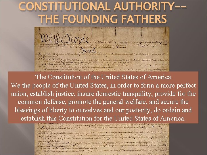 CONSTITUTIONAL AUTHORITY-THE FOUNDING FATHERS The Constitution of the United States of America We the