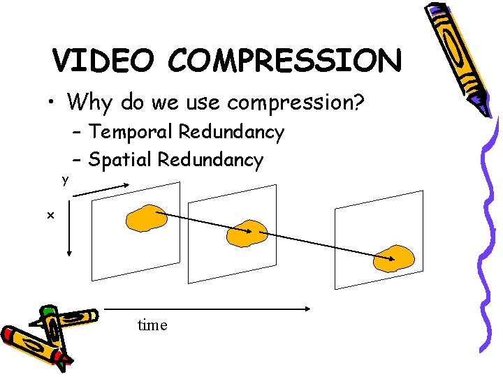 VIDEO COMPRESSION • Why do we use compression? y – Temporal Redundancy – Spatial