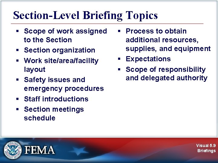 Section-Level Briefing Topics § Scope of work assigned to the Section § Section organization
