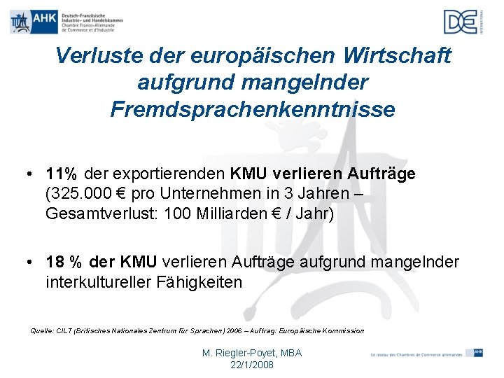 Verluste der europäischen Wirtschaft aufgrund mangelnder Fremdsprachenkenntnisse • 11% der exportierenden KMU verlieren Aufträge