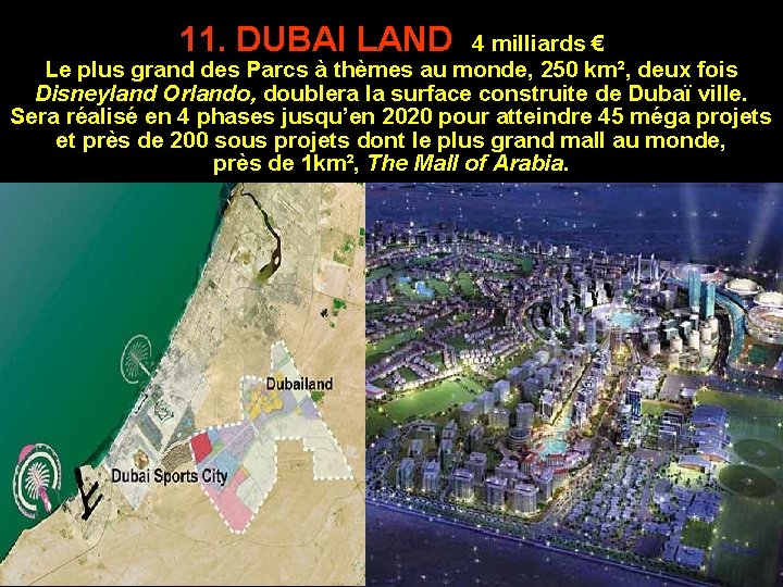 11. DUBAI LAND 4 milliards € Le plus grand des Parcs à thèmes au