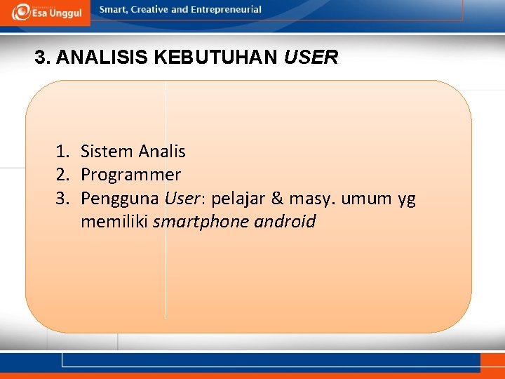 3. ANALISIS KEBUTUHAN USER 1. Sistem Analis 2. Programmer 3. Pengguna User: pelajar &