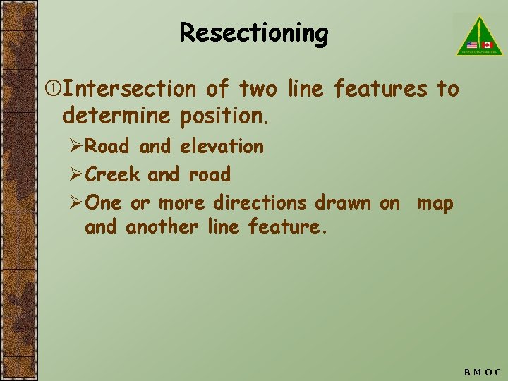 Resectioning Intersection of two line features to determine position. ØRoad and elevation ØCreek and