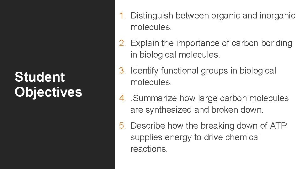 1. Distinguish between organic and inorganic molecules. 2. Explain the importance of carbon bonding