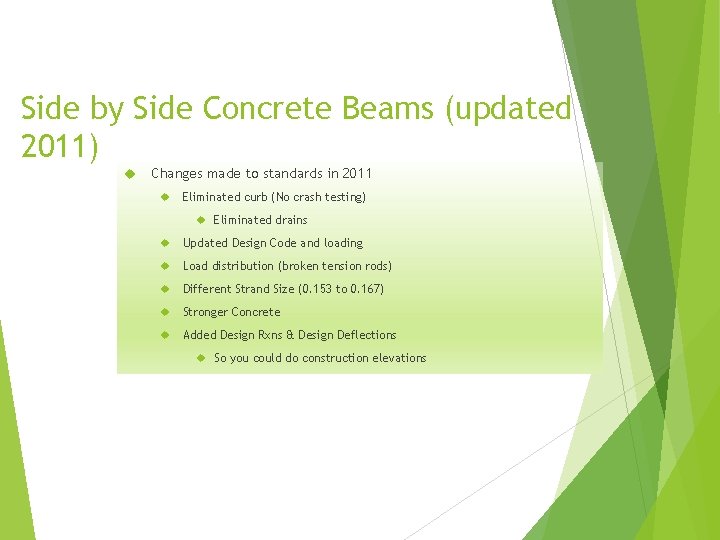 Side by Side Concrete Beams (updated 2011) Changes made to standards in 2011 Eliminated