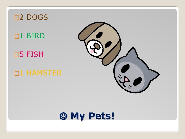 � 2 DOGS � 1 BIRD � 5 FISH � 1 HAMSTER My Pets!