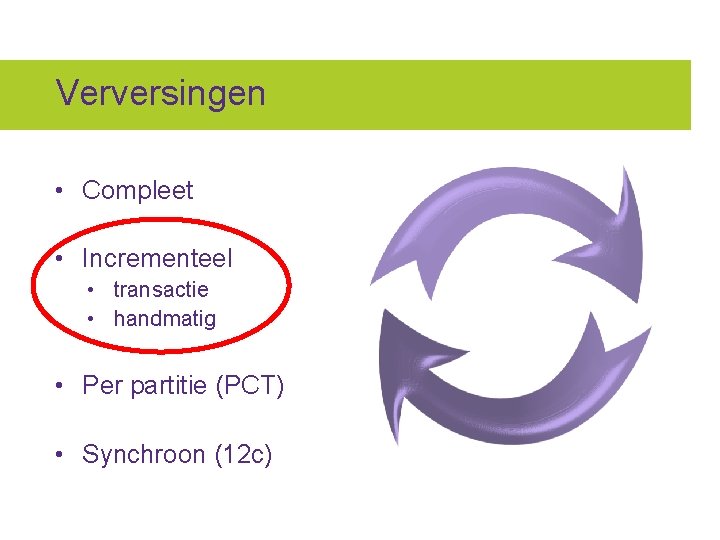 Verversingen • Compleet • Incrementeel • transactie • handmatig • Per partitie (PCT) •