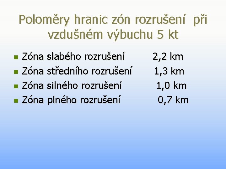 Poloměry hranic zón rozrušení při vzdušném výbuchu 5 kt n n Zóna slabého rozrušení Poloměry hranic zón rozrušení při vzdušném výbuchu 5 kt n n Zóna slabého rozrušení