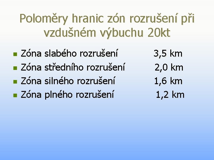 Poloměry hranic zón rozrušení při vzdušném výbuchu 20 kt n n Zóna slabého rozrušení Poloměry hranic zón rozrušení při vzdušném výbuchu 20 kt n n Zóna slabého rozrušení