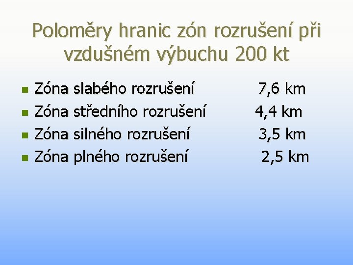 Poloměry hranic zón rozrušení při vzdušném výbuchu 200 kt n n Zóna slabého rozrušení Poloměry hranic zón rozrušení při vzdušném výbuchu 200 kt n n Zóna slabého rozrušení