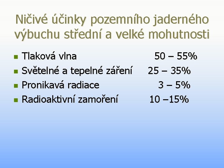 Ničivé účinky pozemního jaderného výbuchu střední a velké mohutnosti n n Tlaková vlna Světelné Ničivé účinky pozemního jaderného výbuchu střední a velké mohutnosti n n Tlaková vlna Světelné