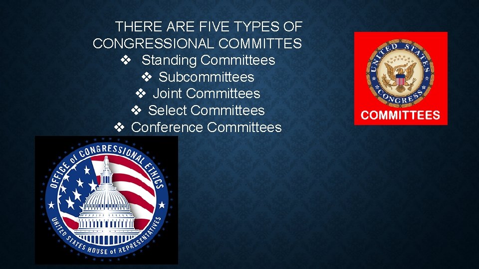 THERE ARE FIVE TYPES OF CONGRESSIONAL COMMITTES v Standing Committees v Subcommittees v Joint
