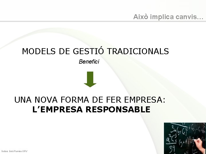 Això implica canvis… MODELS DE GESTIÓ TRADICIONALS Benefici UNA NOVA FORMA DE FER EMPRESA: