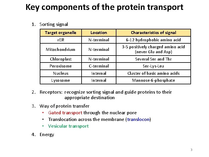 Key components of the protein transport 1. Sorting signal Target organelle Location Characteristics of